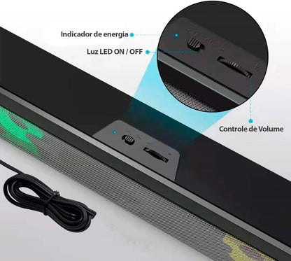 Soundbar Gamer 6W USB + P2 com LED RGB – Som Potente HI-FI