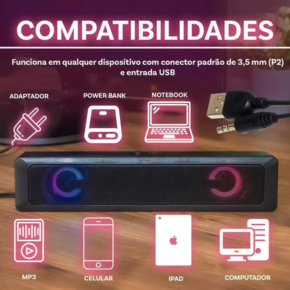 Soundbar Gamer 6W USB + P2 com LED RGB – Som Potente HI-FI